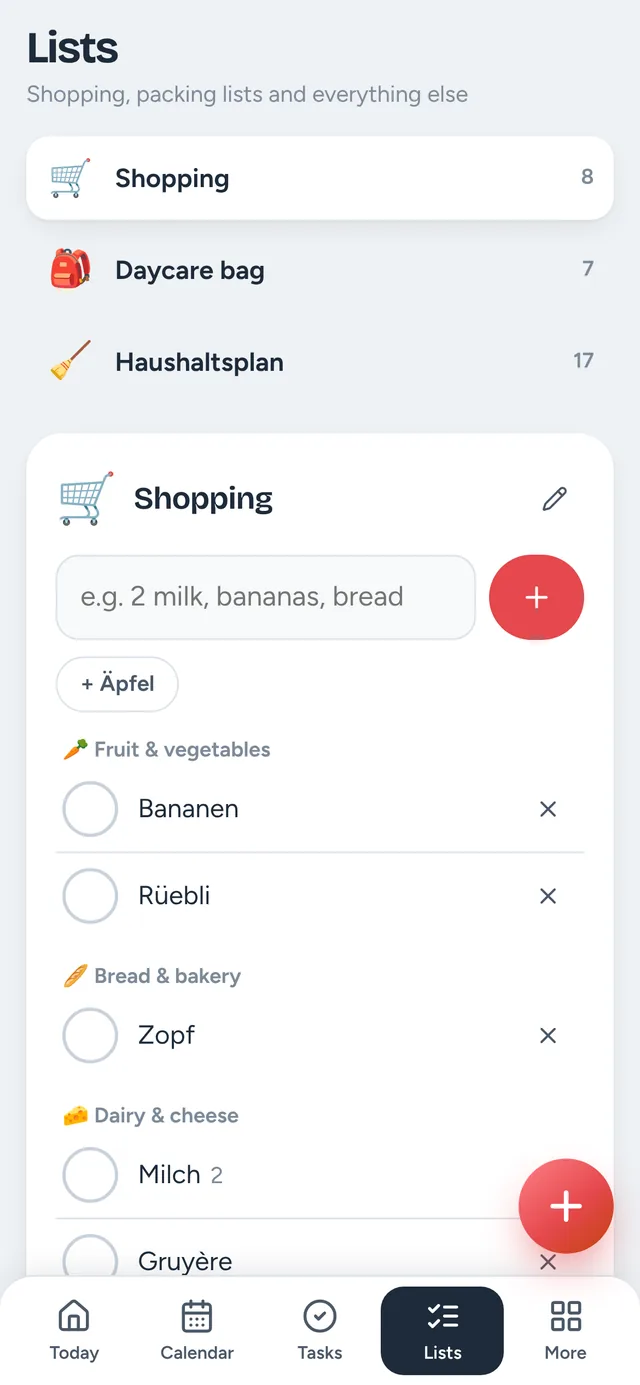 Hüsli on a phone: shared shopping list