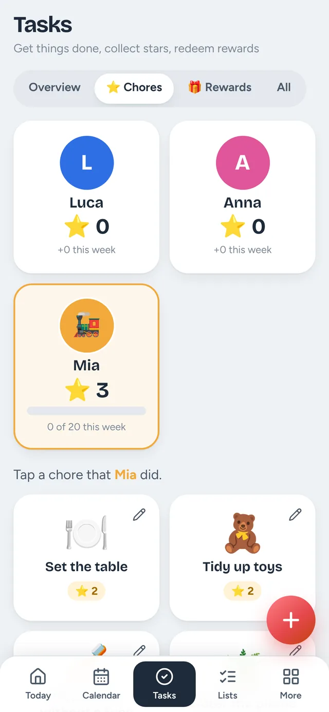 Hüsli on a phone: stars and chores for kids