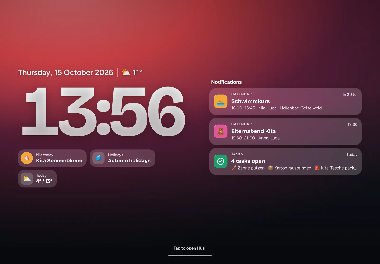 Hüsli in wall mode on a tablet: time, weather and what’s on today