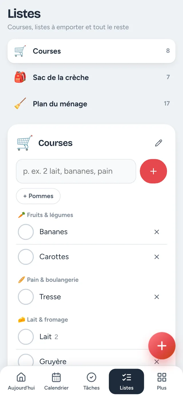 Hüsli sur un téléphone : liste de courses partagée