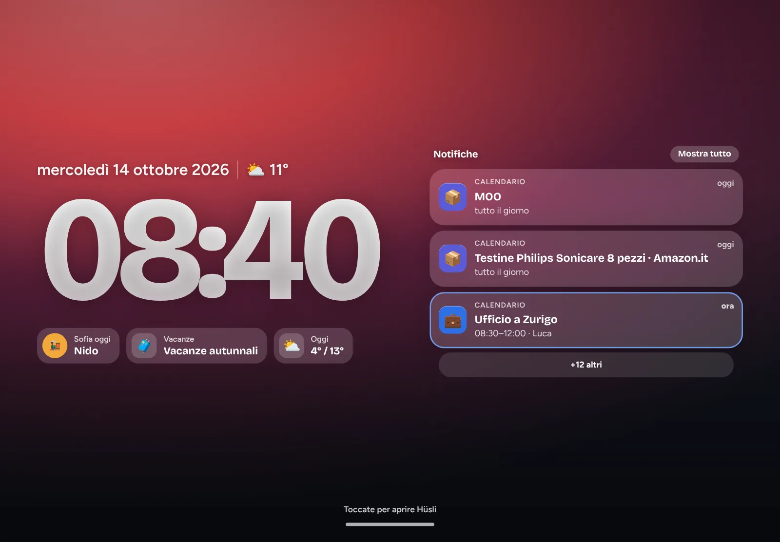 Hüsli in modalità parete su un tablet: ora, meteo e programma di oggi