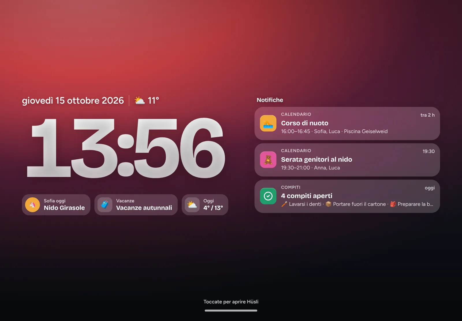 Hüsli in modalità parete su un tablet: ora, meteo e programma di oggi